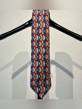 Vintage London Fog Red, Blue & Yellow Geometric 100% Italian Silk Tie